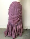 Womens, Historical Fiction Skirt, MTO, Dusty Lavender, Copper Metallic, Rayon, Polyester, Floral, W26, UNDERSKIRT- Fitted Through Hip Then Fills Out with Pleats to Hem, Attached Bunting Drape Across Front with Pearl Studded Tassel Trim, Snap Back Closure