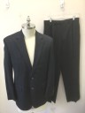 RALPH LAUREN, Navy Blue, Lt Gray, Wool, Stripes - Pin, Dark Navy (Nearly Black) with Light Gray Pinstripes, Single Breasted, Notched Lapel, 2 Buttons, 3 Pockets, Solid Dark Navy Lining