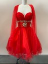 STAR BOX, Cherry Red, Polyester, Nylon, Solid, Strapless, Sweetheart Neckline, Tulle Top Layer, Satin Waist Band With Multi Color Gems, With Matching Shawl