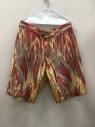 Mens, 1990s Vintage, P2, VIVIENNE WESTWOOD, Yellow, Red, Orange, Gray, Cotton, Novelty Pattern, 32/11, Shorts, Zip Front, Seam Coin Pckt, 2 Angled Back Pckts, Flame Print,