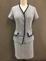 Womens, 1970s Vintage, Suit, Jacket, N/L, White, Navy Blue, Polyester, Geometric, 2 Piece Suit: Jacket Is Short Sleeve,  V-neck, 5 Silver Buttons, 2 Faux Pockets, Solid Navy Accents/Trim, Purple Half Lining,
