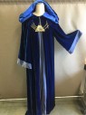 MTO, Dk Blue, Lt Blue, Gold, Multi-color, Synthetic, Solid, Velvet Pullover Robe with Hood, Long Sleeves, Trimmed with Light Blue, 3 Gold Chains Hold Up Gold Metal Polygon with Multi-color Stones, Double,