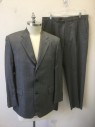 N/L, Gray, Black, Red, Wool, Herringbone, Stripes - Pin, Gray/Black Herringbone, Faint Red Pinstripes, Single Breasted, Notched Lapel, 3 Buttons, 3 Pockets, Solid Gray Lining