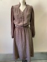 JONATHAN MARTIN, Putty/Khaki Gray, Taupe, Polyester, Abstract , Circles, Long Puffy Sleeves, Stand Collar With V-Neck, Button Front, Elastic Waist, Knee Length, With Matching Belt (CF016919)