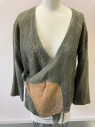 MTO, Tan Brown, Olive Green, Polyester, Textured Fabric, V Neck Wrap Snap Front, 2 Self Ties, Aged, Inset Attached, Cracked Texture,