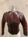 Mens, Jacket, NO LABEL, Red, Red Burgundy, Leather, Medium, Distressed Leather, Long Sleeves, Shrug, Padded Spiral Spine Detail Along Arms, Black Velcro Attachments At Shoulders