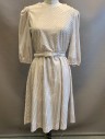 Womens, 1980s Vintage, Dress, LADY CAROL PETITES, Lt Beige, White, Polyester, Stripes - Vertical , Paint Splatter, W20-26, B:34, H:36, 3/4 Puffy Sleeves, Round Neck, Elastic Waist, 3 Buttons at Shoulder, Knee Length, Comes with Matching Belt (CF017324)
