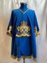 Mens, Historical Fiction Tabard, MTO, French Blue, Cotton, Solid, O/S, Royal Court, Military, Velvet, V-neck, High Collar Attached, Hook & Eye Collar, Gold Ribbon Trim, Gold Fringe, Squared Off Shoulders, Gold Rope Tassel Side Ties, Embroidered Royal Applique Attached Front, Open Sides, Multiple