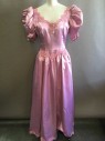 Womens, Brides Maid Dre, N/L, Mauve Pink, Polyester, Solid, Floral, W:26, B:34, Satin, Poofy Bubble Short Sleeves, Sweetheart Neckline, V Shape Waist with Full, Gathered Skirt, Mauve Lace Trim At Neckline, Waist and Hem, Pink Pearl Detail At Bust, Sleeves, Cream Pearls At Center Back with Large Self Fabric Bow, Hem Mid-calf,  Multiples