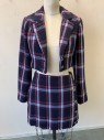 FOREVER 21, Navy Blue, Lt Blue, Maroon Red, Polyester, Acrylic, Plaid-  Windowpane, Notched Lapel, 2 Silver Buttons, Cropped Length, Padded Shoulders