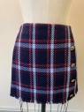 FOREVER 21, Navy Blue, Lt Blue, Maroon Red, Polyester, Acrylic, Plaid-  Windowpane, Mini Skirt, Vertical Column of Silver Buttons at Left Side, Fringed Edge at Hem, CB Zipper