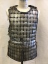 Mens, Historical Fict. Breastplate , MTO, Pewter Gray, Dk Brown, Leather, Plastic, Geometric, 36+, Round Neck, Sleeveless, Lacing/Ties at Shoulders and Sides, Leather Lined with Rectangular Plastic Plates Stitched with Wang at All Corners, Slit Front and Back, Aged/Distressed, Multiples, This  One Scraped Silver at Waist Front and Back, Plate Missing Center Front Waist and Loose Ones Left Armpit