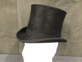 Mens, Historical Fiction Hat , KAMINSKY, Black, Fur, 57, 7 1/8, Top Hat, 1 1/8" Wide Faille Band and Edging at Brim, 5 3/4" Tall Crown, Rolled Side Brim