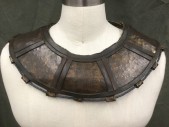 Unisex, Historical Fiction Collar, MTO, Bronze Metallic, Brown, Navy Blue, Metallic/Metal, Leather, O/S, Bronze Hammered Metal Panels with Printed Hieroglyphics, Brown Leather Trim Between Panels and Edges, Navy Braided Leather Trim Through Metal Belt Loops, Wang Tie/Lacing at Center Back