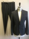 ZARA, Gray, Wool, Polyester, Solid, Single Breasted, Notched Lapel, 2 Buttons, 3 Pockets, Solid Black Lining, Slim Fit