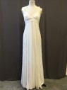 BEBE, White, Silk, Solid, Grecian Goddess, Floor Length, Empire Waist, Back Zipper, V-neck Surplice Bodice, Pleated Straps and Waistband, Light and Flowing. Full Silk Lining