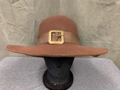 Mens, Historical Fiction Hat , N/L, Brown, Wool, Solid, 7 3/8, Round Crown, Flat Wide Brim, Faille Hat Band, Brass Square Buckle