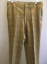 Mens, 1960s Vintage, Suit, Pants, BROOKFIELD, Ochre Brown-Yellow, Moss Green, Brown, Wool, Plaid, 30I, 34W, Flat Front, 4 Pockets, Belt Loops, Suspender Buttons,