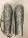 Silver, Leather, 1 PAIR Back Portion of Greaves for Back of Legs, Textured To Look Like Metal, With Leather Lacing, 2 Loops On Front