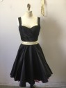 UNIQUE VINTAGE, Black, Gold, Red, Polyester, Solid, Black Satin, Sleeveless With 1" Wide Straps, Pleated Detail At Bust, Gold Metallic Lamé Added At Bust, Waistband, Full Circle Skirt With Red Tulle Petticoat Under Layer Attached, Retro 50's Inspired, Glee Club, Dance Number, Girl Group, Broken Zipper