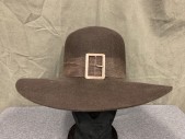 Mens, Historical Fiction Hat , N/L, Dk Brown, Wool, Solid, 7 1/2, Round Crown, Flat Wide Brim, Faille Hat Band, Silver Rectangular Buckle