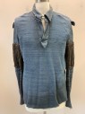 NL, Blue-Gray, Cotton, Pullover, Collar Attached with Button & Loop on Base, V-neck, Long Sleeves, Brown Pleated Leather From Underarm to Elbow, Silver Stud Buttons on Lower Arm *Aged/Distressed