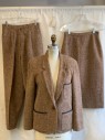 Womens, 1980s Vintage, Suit, Jacket, RODIER PARIS, Rust Orange, Brown, Cream, Peach Orange, Taupe, Wool, Leather, Tweed, 36, Notched Lapel, 1 Button Single Breasted, 3 Pckts with Leather Trim