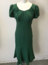 Womens, Dress, Short Sleeve, STOP STARING, Green, Polyester, Rayon, Solid, XS, (double) Green, Round V-neck, with Self Diagonal Gathered/folded Strips to Under Arm Holes, Puffy Short Sleeves, with 3 Cover Buttons, Chevron Bodice with 8 Matching Cover Buttons Front Center, Below Knee Mermaid Flair Bottom, Zip Back, 1940's Feeling