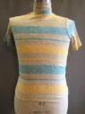 Mens, T-shirt, PERRY CLASICS, Lt Brown, Yellow, Aqua Blue, Rayon, Silk, Stripes, C: 34, M, Mock Neck, Short Sleeve, Back Zip, Minor Holes On Front And Back, Multiples,