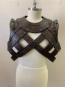 Mens, Harness, MTO, Dk Brown, Leather, Foam, Solid, O/S, *Aged/Distressed* X Pattern on Front and Back, Silver Flat Studs, Bronze Round Studs on Shoulders, Velcro on Back *Missing Laces on Both Sides*