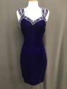 Womens, Cocktail Dress, ROBERTA, Purple, Rayon, Beaded, Solid, 9/10, Velvet with Silver/ Blue Beaded Detail Around Front Neckline and Front Straps, 1"  Double shoulder Straps, Knee Length , Fitted, Zipper Back