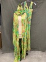 Womens, 1970s Vintage, Piece 1, MTO SCHNEEMAN STUDIO, Chartreuse Green, Brown, Green, Silk, Abstract , B 36, Diaphanous Robe, Abstract Print with Rectangular Green Woven Stripes, Large Armholes, Hood, **Separate Scarf,
