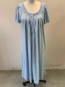 ADONNA, Lt Blue, Baby Blue, Polyester, Leaves/Vines , Jersey, Raglan Cap Sleeves, Scoop Neck, with Lace and Smocking Trim, 7 Button Placket, Box Pleats Around Neckline, Floor Length, Multiples, **1 Side of Neckline Trim Has Been Replaced with Gray Fabric