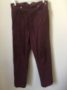 WAH MAKER, Red Burgundy, Charcoal Gray, Cotton, Stripes - Vertical , Thin Vertical Striped Twill, Flat Front, Button Fly, 3 Pockets Plus One Watch Pocket, Suspender Buttons On Outside Waist, Belted Back, Reproduction "Old West" Style Pants, Barcode Located on the Font Left Pocket