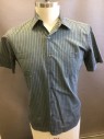 ANTO, Gray, Green, Cotton, Stripes, Grey with Green Pinstripes, Patch Pocket,  Button Front, Short Sleeves,