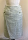 MAX MARA, Olive Green, White, Dk Olive Grn, Wool, Basket Weave, Pencil Skirt, 1.5" Wide Self Waistband, 2 Side Slanted Pockets with Olive Button Closure, Knee Length