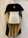 Unisex, Historical Fiction Cape, MTO, Black, Cotton, Solid, O/S, Black Velvet, Ochre Cotton Lining, Wide Neck, Chest Length in Front, Long in Back, Diamond Patch Center Front with Gold/Red Embroidery of Dragon/Fleur-DeLys/Crown, Royal Court, Interior Nobility, Multiple