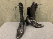 PETER FOX, Black, Leather, Solid, Perforated Cap Toe, High Ankle Hook/Ties, Medium Low Heel,