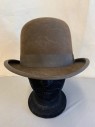 Mens, Historical Fiction Hat , PIERONI BRUNO, Brown, Wool, Solid, 7 1/2, Late 1800s Bowler. Well Sized. Grosgrain Trim and Headband, Multiples