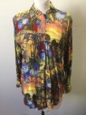 COMO STUDIO, Multi-color, Rayon, Novelty Pattern, Eclectic Pattern with Flowers, Historical Men on Horseback, Dogs, Historical Paintings, Etc, Long Sleeve Button Front, Collar Attached, Oversized Fit, Early 1990's **Has 3 Very Similar Shirts in Set, Not Exact Doubles, As Patterns Don't Exactly Match