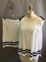 PUCCINI, White, Navy Blue, Rayon, Solid, Stripes, Sleeveless Tank Top, with Navy 3D Bows at Shoulders, 2 Navy Stripes at Hem,