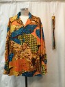 DION SCOTT, Orange, Yellow, Brown, Blue, Black, Synthetic, Abstract , Button Front, Open Collar, Long Sleeves, Neck Tie, French Cuffs,