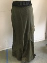 MTO, Black, Khaki Brown, Wool, Stripes, Black Satin Fan Pleated Ruffle at Waist, Cross Over Triangle Skirt with Wide Pleated Under Skirt, Knife Pleats in Back with Buttons, *** Stains on Front Skirt and Stitched Holes***,