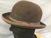 Mens, Bowler Hat 1890s-1910s, GOLDEN GATE HAT CO, Brown, Wool, 7 1/8, Grosgrain Hat Band with Bow, Felted Wool, Derby Hat, Multiples,