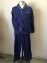 TONY & CANDICE, Navy Blue, White, Cotton, Solid, Navy, Notched Lapel, Button Front, 1 Pocket.. Long Sleeves Cuffs with White Piping Trim, with Matching Pants