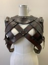 Mens, Harness, MTO, Dk Brown, Leather, Foam, Solid, C: 44, *Aged/Distressed* X Pattern on Front and Back, Silver Flat Studs, Bronze Round Studs on Shoulders, Velcro on Back, Lacing on Both Sides, Multiples Have Variations On Aging And Materials