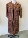 Womens, 1960s Vintage, Suit, Dress, ANNIE COUTURE, Brown, Black, Silk, Geometric, W:31, B:38, H:42, Painterly Rectangles Print, 3/4 Sleeves, Round Neck with Notch at Center, Horizontal Pleat/Mini Peplum at Waist, Straight Fit, Hem Below Knee,