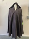 Unisex, Sci-Fi/Fantasy Cape/Cloak, N/L MTO, Dk Brown, Cotton, Suede, Solid, O/S, Homespun, Open at Center Front with Double Frog Closure, Hooded, Arm Holes, Dark Brown Suede InteriorTies, Unfinished Frayed Edges, **Has a Double See FC041256