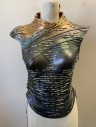 Womens, Sci-Fi/Fantasy Armour, N/L MTO, Iridescent Gray, Silver, Gold, Leather, Metallic/Metal, W:27, B:36, Chest Plate, Leather with Molded Breasts, Sleeveless, Abstract Metal Pieces Attached Throughout, Top is Airbrushed with Gold Metallic, Bottom is More Gray/Silver, Lace Up Back & Sides, Made To Order, Multiples