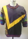 SAXONY COLLECTION, Purple, Yellow, Turquoise Blue, Orange, Black, Cotton, Leather, Abstract , Color Blocking, Pullover, Crew Neck, Short Sleeves, Patchwork Front, Assorted Patterned Stripes on Back, Coogi Style